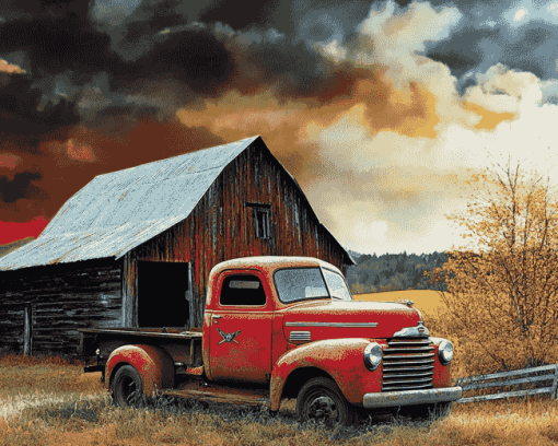 Red Barn and Vintage Truck Diamond Painting