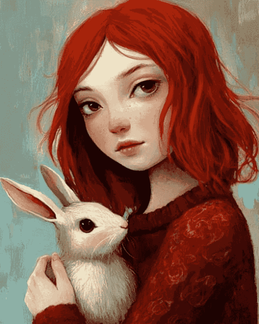 Red-Haired Girl with Bunnies Diamond Painting