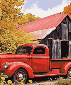 Red Truck and Barn Scene Diamond Painting