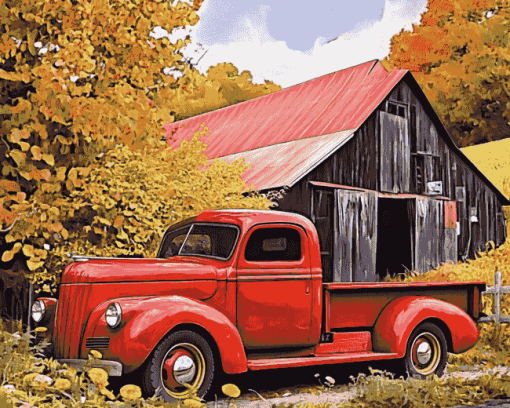 Red Truck and Barn Scene Diamond Painting