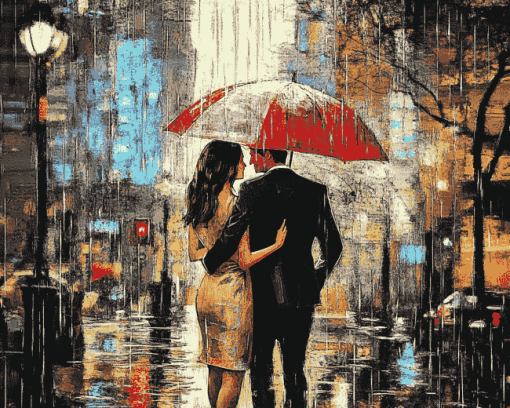 Romantic Couple in Rain Diamond Painting