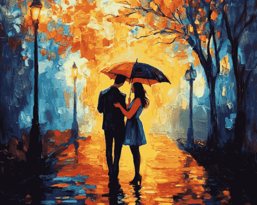 Romantic Lovers in Rain Diamond Painting