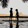 Silhouette of Kids on Beach Diamond Painting