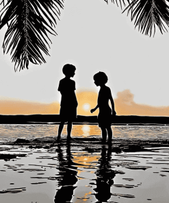 Silhouette of Kids on Beach Diamond Painting