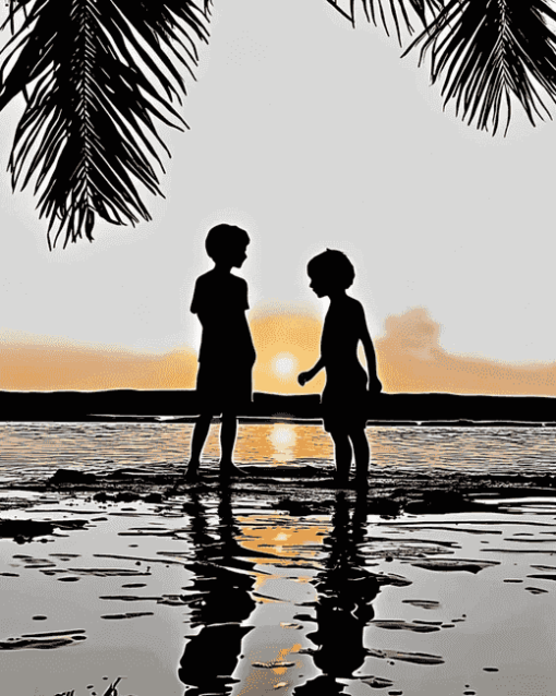 Silhouette of Kids on Beach Diamond Painting