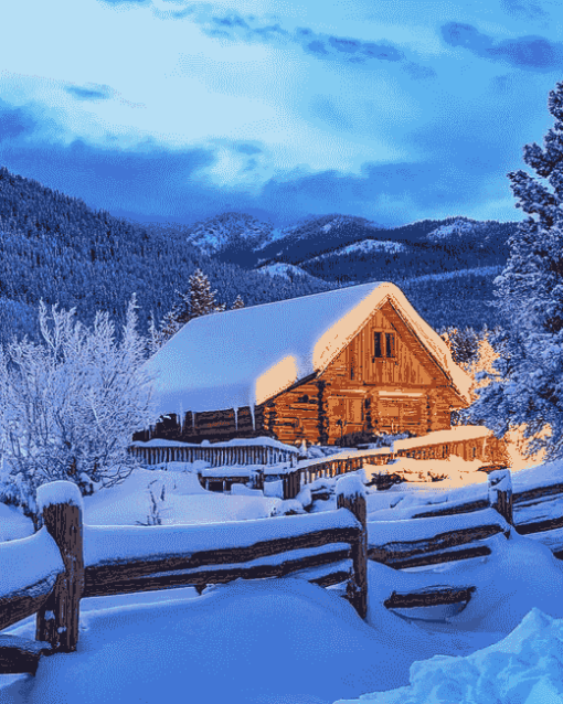 Snowy Landscape Cabin Diamond Painting