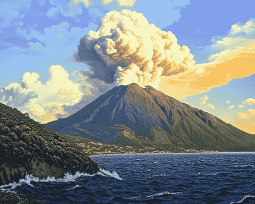 Stromboli Sicily Volcano Landscape Diamond Painting