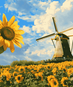 Sunflower and Dutch Windmill Landscape Diamond Painting