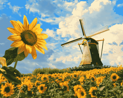 Sunflower and Dutch Windmill Landscape Diamond Painting