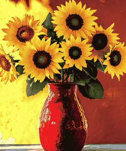 Sunflowers in Vibrant Red Vase Diamond Painting