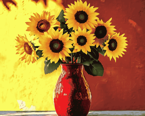 Sunflowers in Vibrant Red Vase Diamond Painting