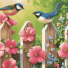 Vibrant Birds and Flowers on Fence Diamond Painting