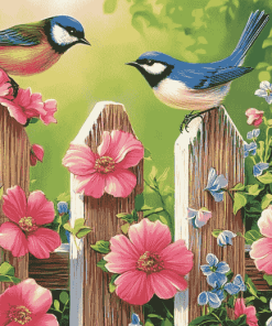 Vibrant Birds and Flowers on Fence Diamond Painting