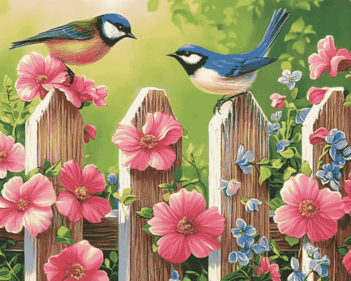 Vibrant Birds and Flowers on Fence Diamond Painting