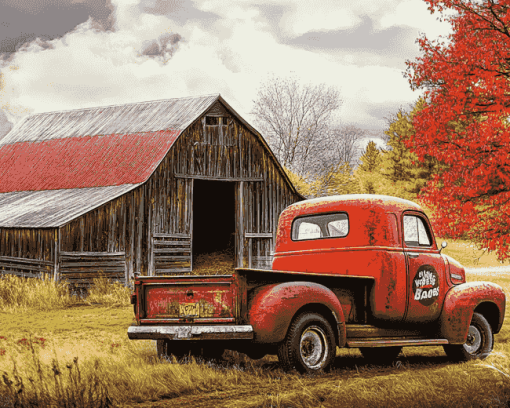 Vintage Red Truck Barn Diamond Painting