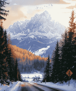 Winter Mountain Road Diamond Painting