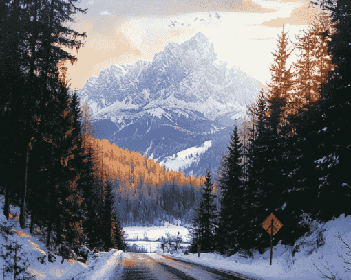 Winter Mountain Road Diamond Painting