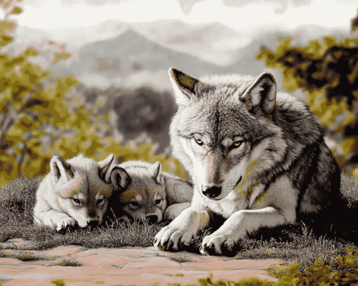 Wolf and Puppies Diamond Painting