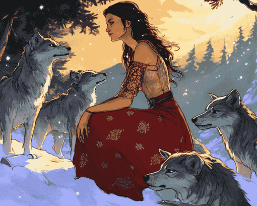 Woman and Wolves Animation Diamond Painting