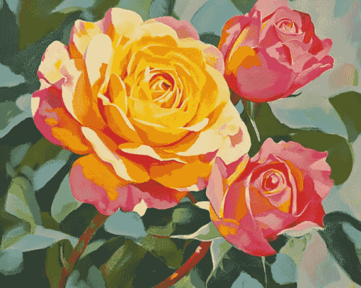 Yellow and Pink Rose Blossoms Diamond Painting